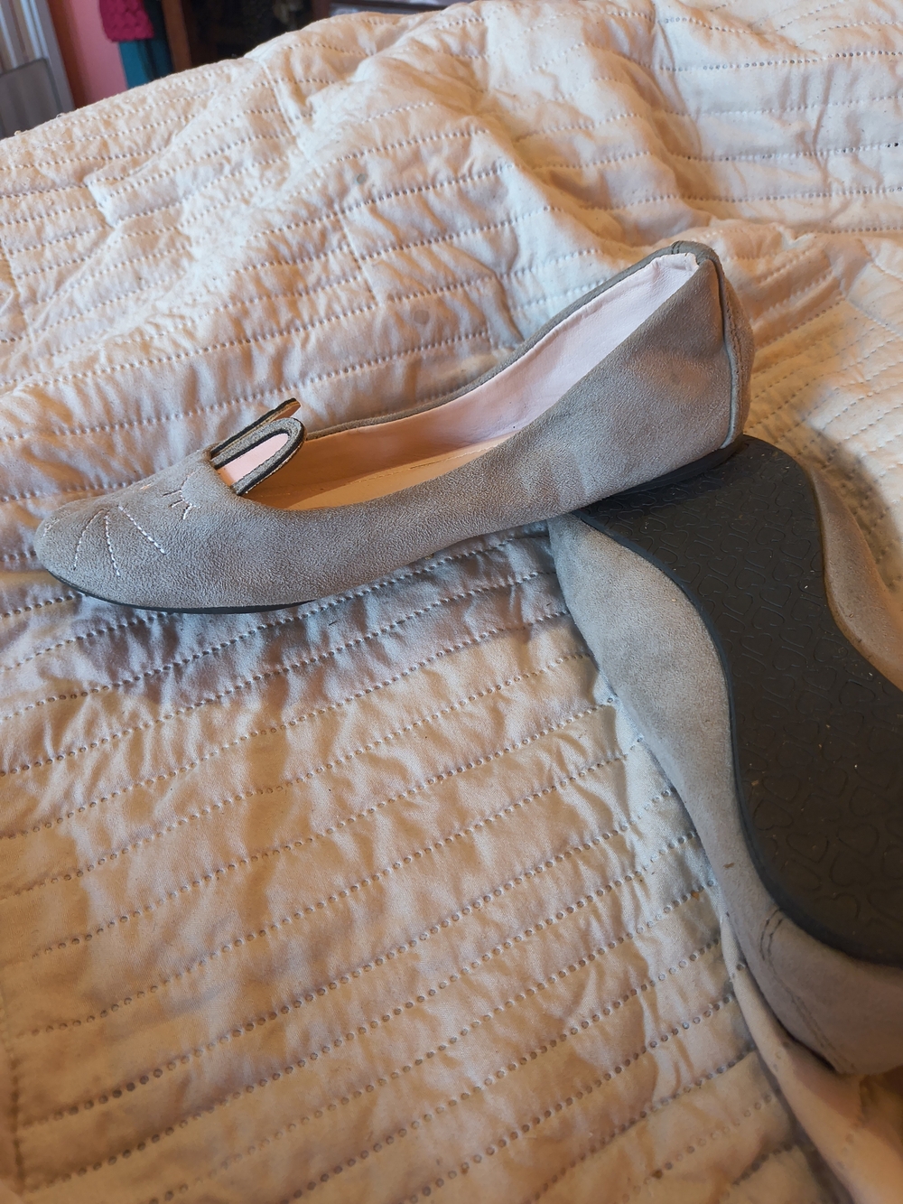 T.U.K Grey Suede Ballet Flats with Rabbit Ears And Embroidered Face. 6.5 - Picture 3 of 8